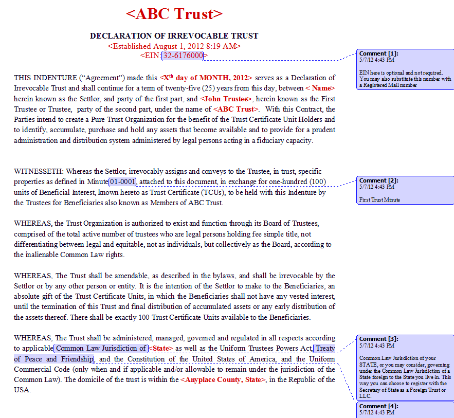 Declaration of Irrevocable Common Law Trust