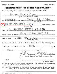Birth record example showing difference between the words At and Near on a city registration document