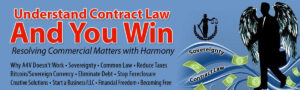 Banner for Understand Contract Law And You Win, featuring a silhouette with wings, scales of justice, flowing money, and keywords like sovereignty, contract law, eliminate debt, and financial freedom