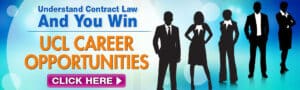 Silhouettes of professional men and women, blue background, and UCL career opportunities banner with click here button