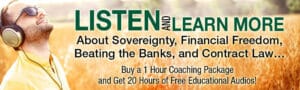 Man with headphones listening in a field, promoting free educational audios on sovereignty, financial freedom, and contract law