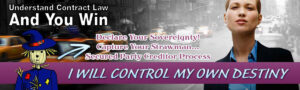 Banner for Understand Contract Law And You Win, featuring confident woman, strawman cartoon, and “I Will Control My Own Destiny” slogan