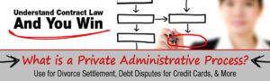 Flowchart and hand with marker circling box, symbolizing private administrative process for divorce, debt, and credit disputes