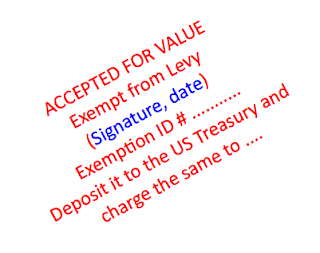 Accepted for Value stamp example showing exempt from levy and deposit to US Treasury instructions