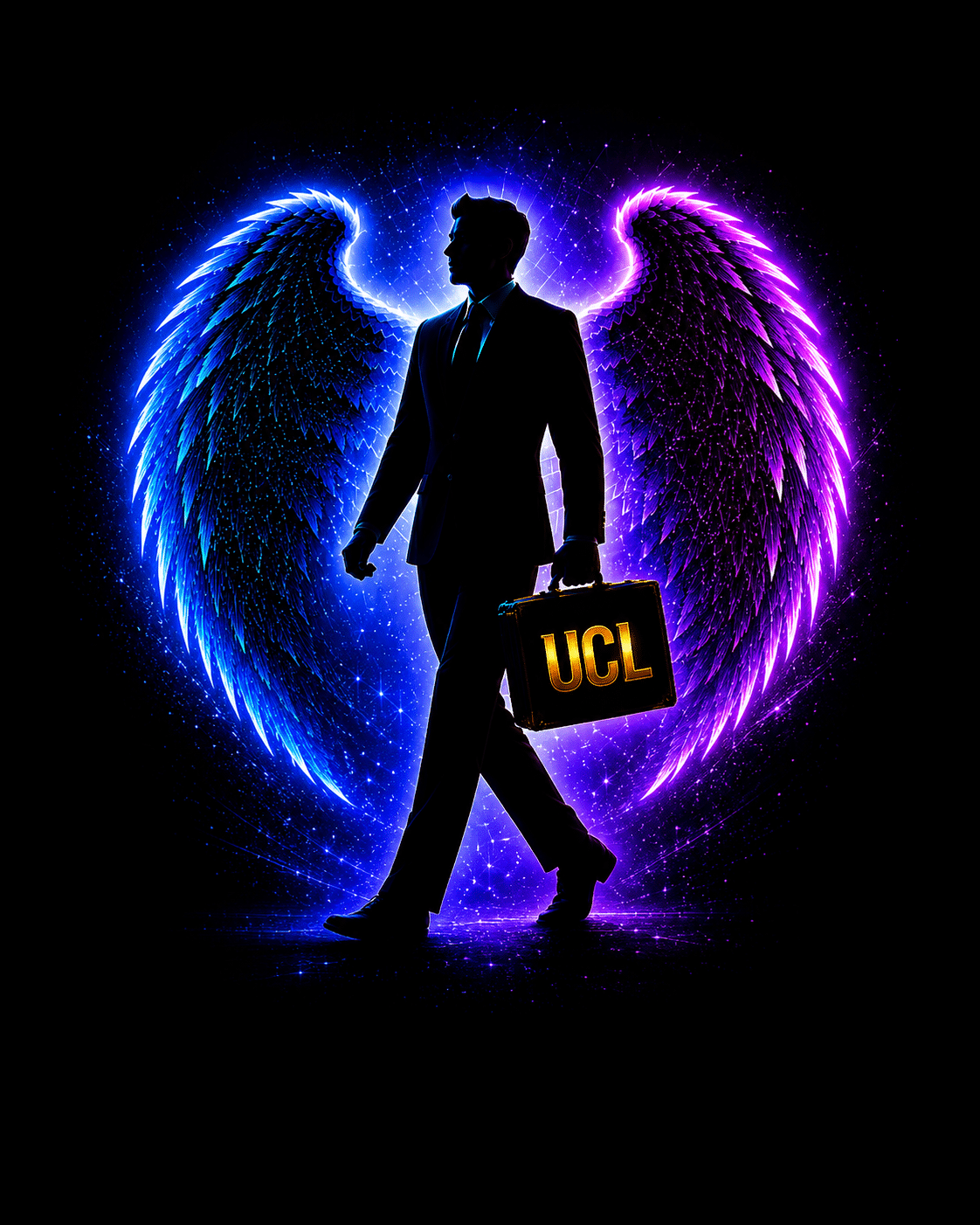 UCL angel man holding a UCL briefcase