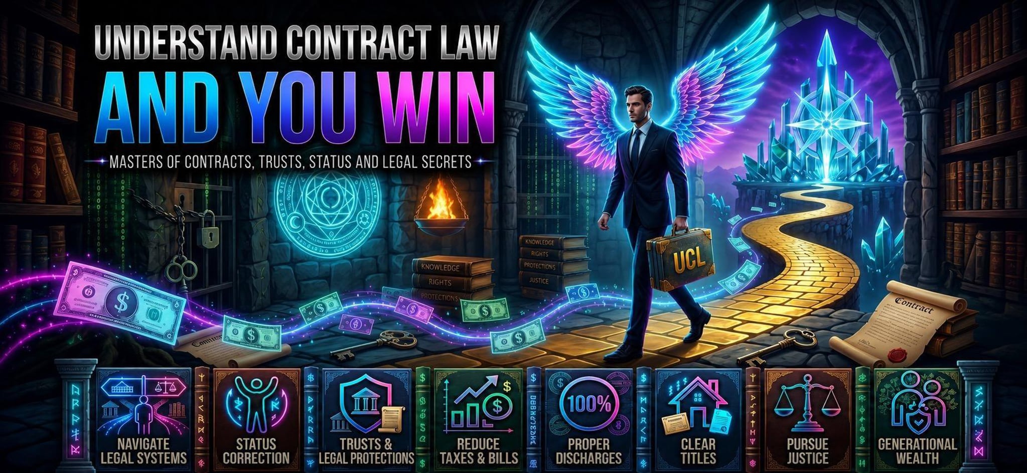 Understand Contract Law and You Win homepage header showing contract law, trusts, status correction, debt discharge, legal systems, justice, and generational wealth themes