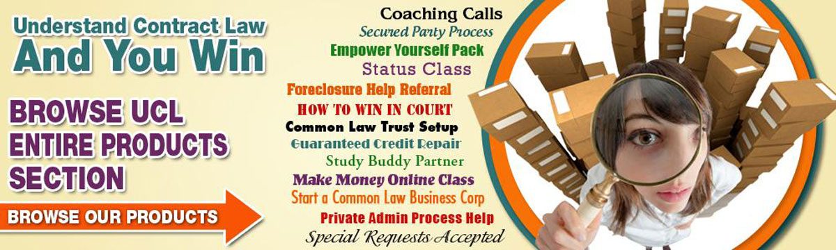 Woman with magnifying glass surrounded by boxes, highlighting coaching calls, credit repair, trust setup, and UCL product categories